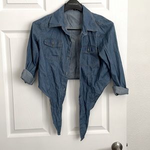 Long Sleeve Thin Denim Button Up Tie Cropped Shirt with Pockets and Collar S